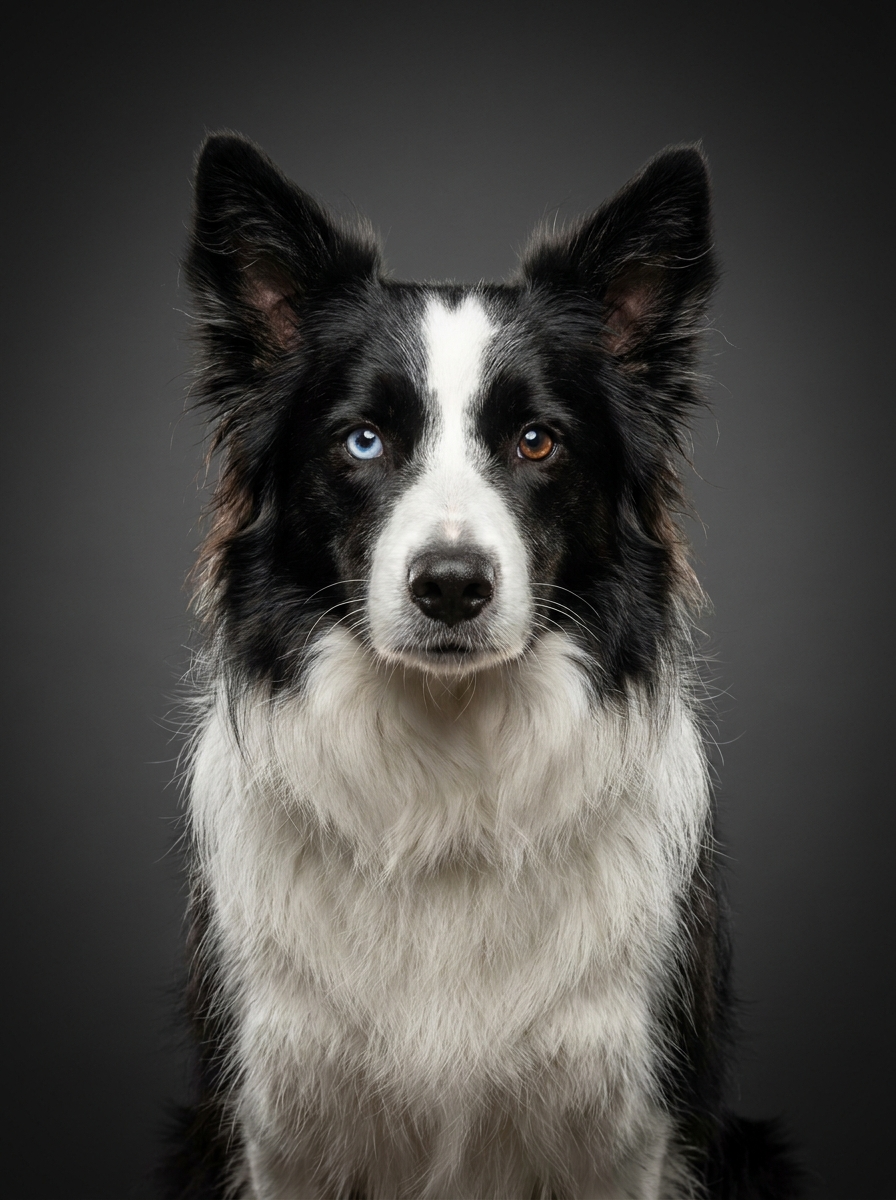 Retrato de estudio de un border collie generado con IA.