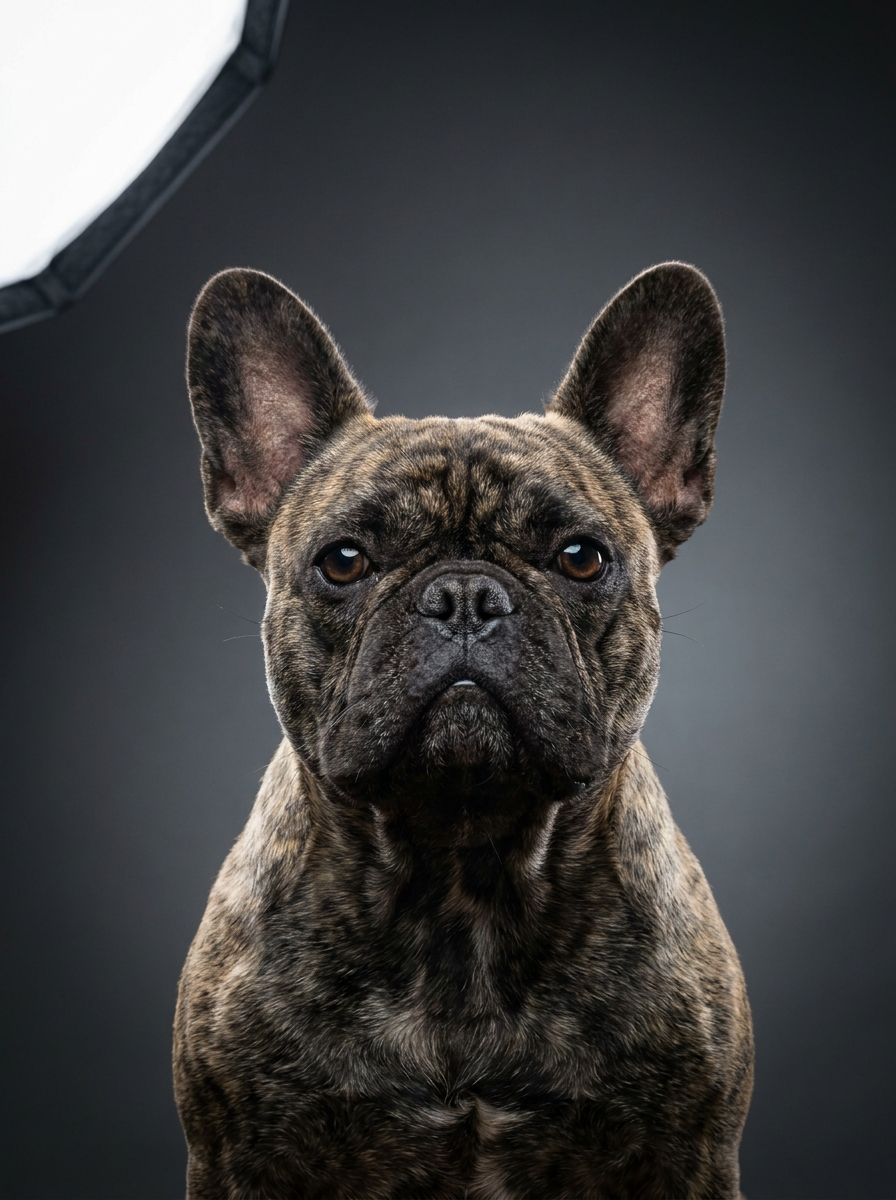 Retrato de estudio de un bulldog francés generado con IA.