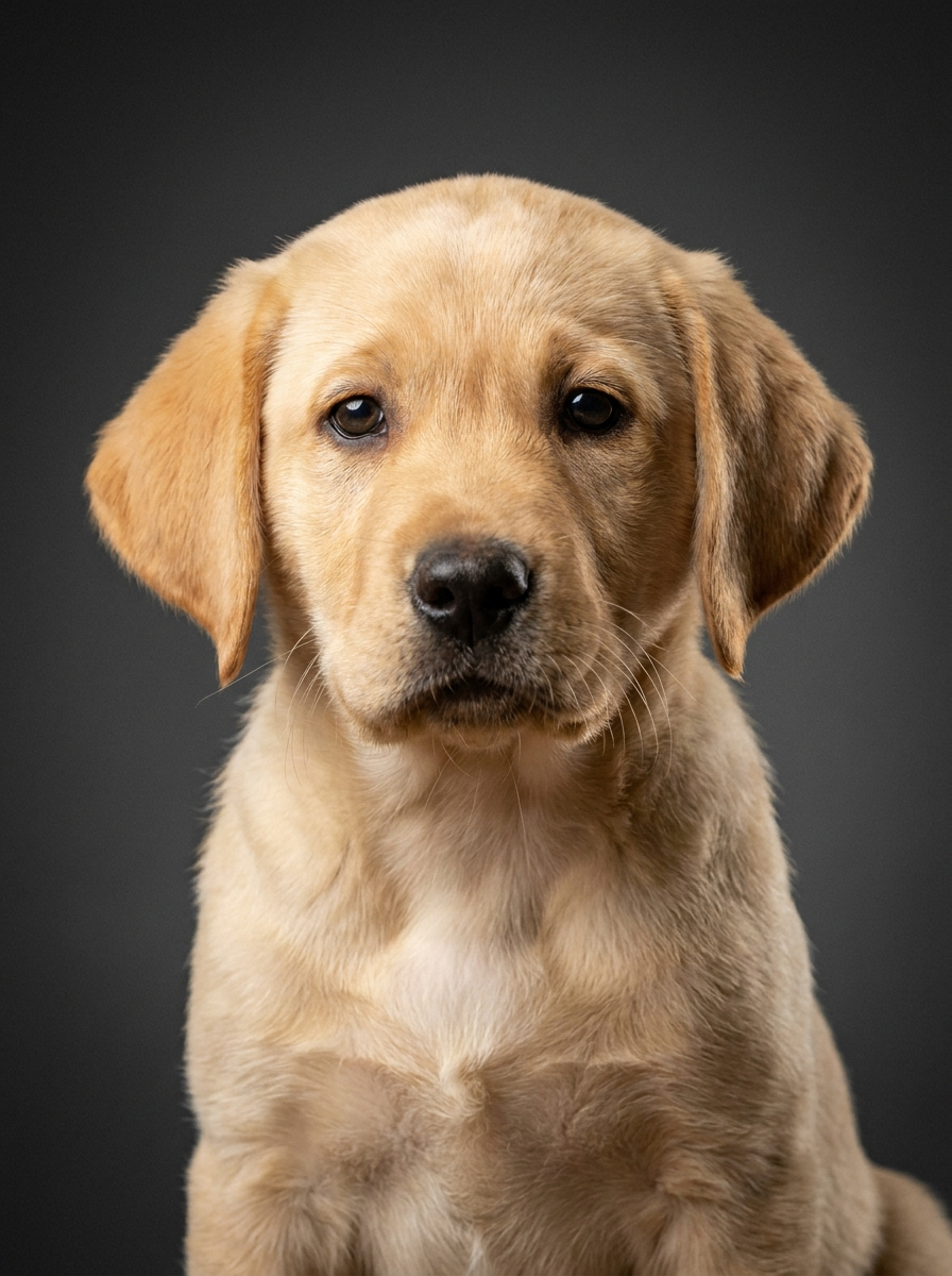 Retrato de estudio de un cachorro de labrador generado con IA.