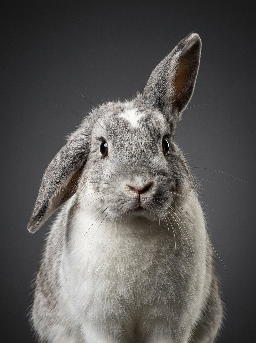 Retrato de estudio de un conejo enano generado con IA.