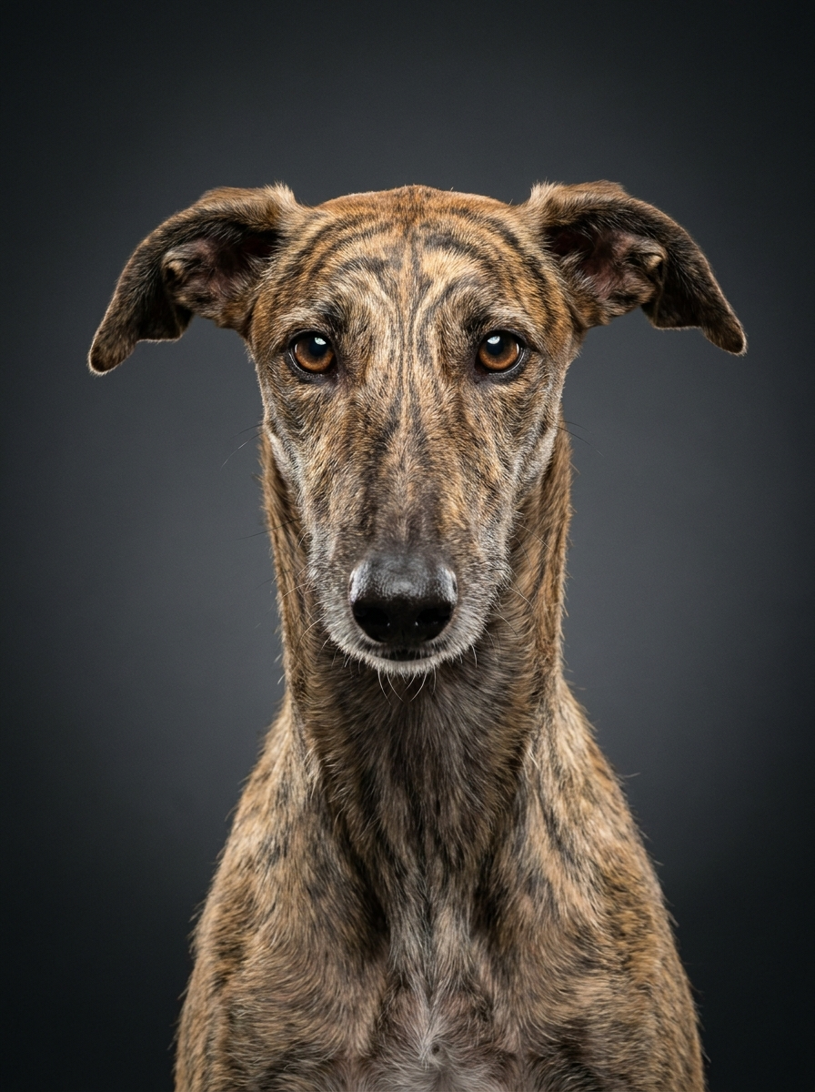 Retrato de estudio de un galgo español generado con IA.