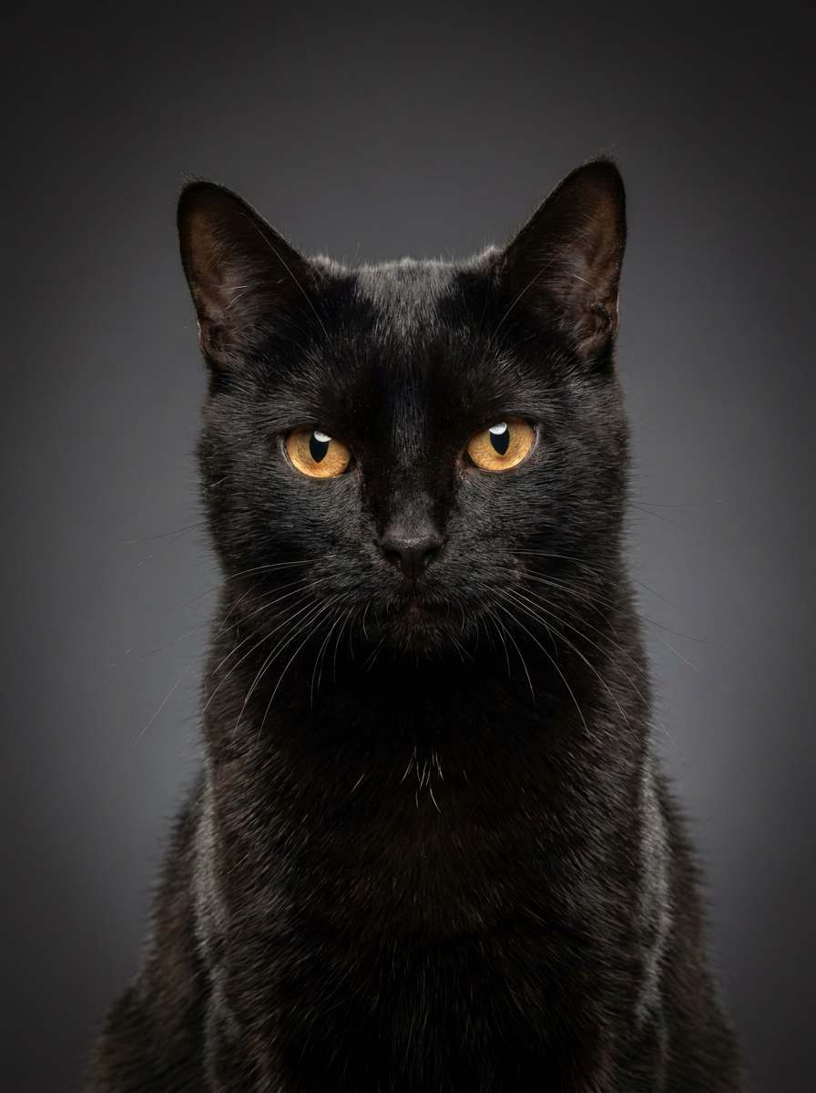 Retrato de estudio de un gato negro generado con IA.