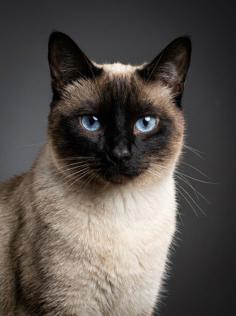 Retrato de estudio de un gato siamés generado con IA.