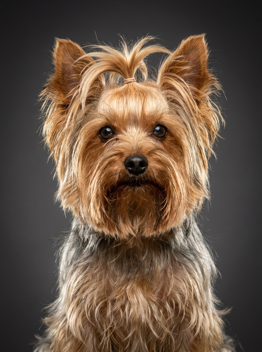 Retrato de estudio de un yorkshire terrier generado con IA.